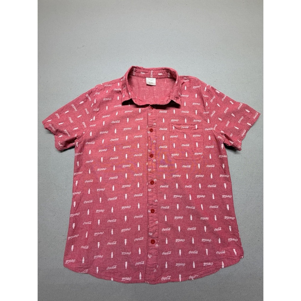 Coca Cola Shirt Mens Large Cotton All Over Print Pocket Button Up Short Sleeve